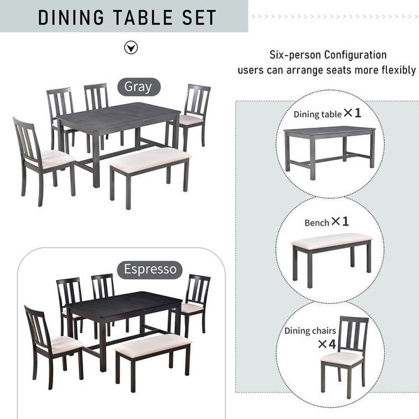 Vintage 6-piece kitchen table with adjustable length table in solid wood with 4 upholstered chairs and benches