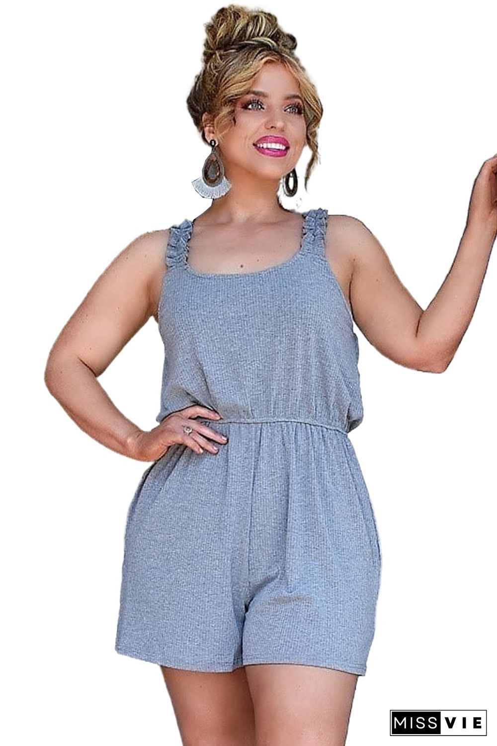 Gray Knit Frill Sleeveless U-Neck Romper