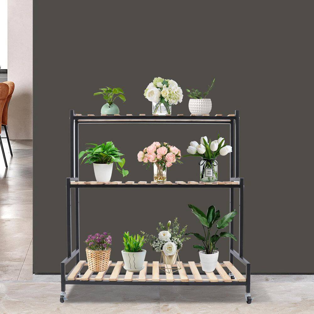 YIYIBYUS 40.9 in. Tall Indoor/Outdoor Black Metal Wood Plant Stand (3-Tiered) HG-LYF2496-600