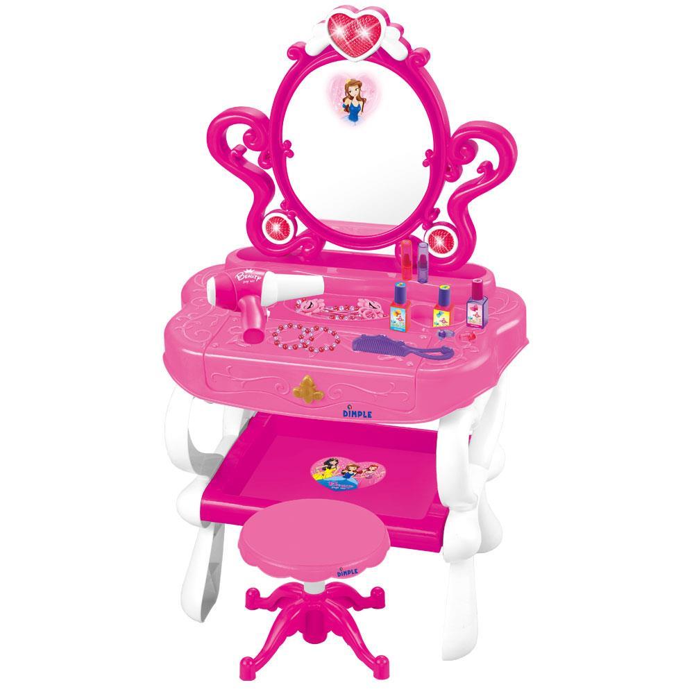 Dimple 2-in-1 Princess Pretend Play Vanity Set Table with Working Piano Beauty Set for Girls with Toy Makeup Cosmetics Accessories， Hair Dryer， Keyboard， Flashing Lights and more