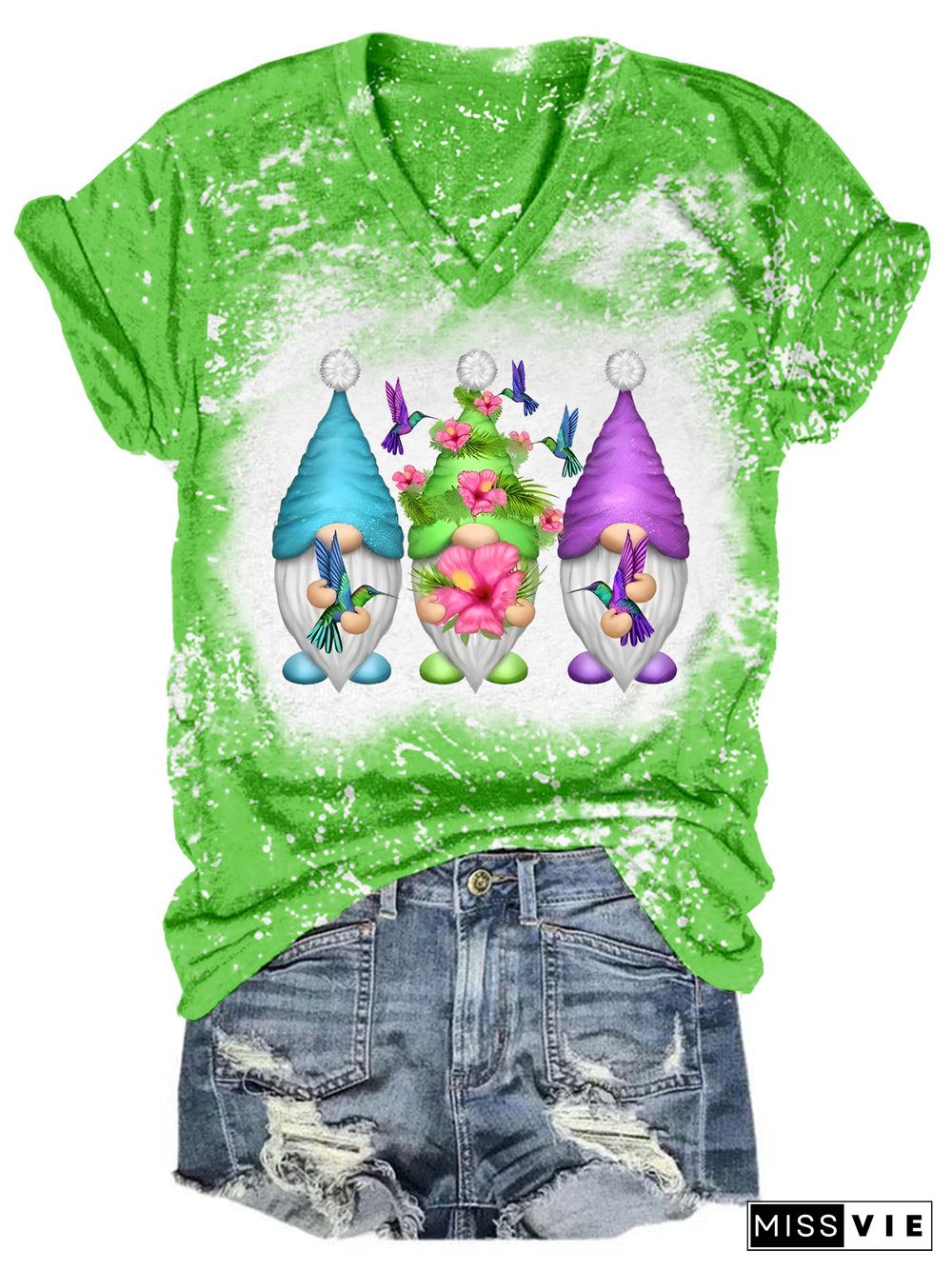 Hummingbird Gnomes Tie Dye V Neck T-shirt