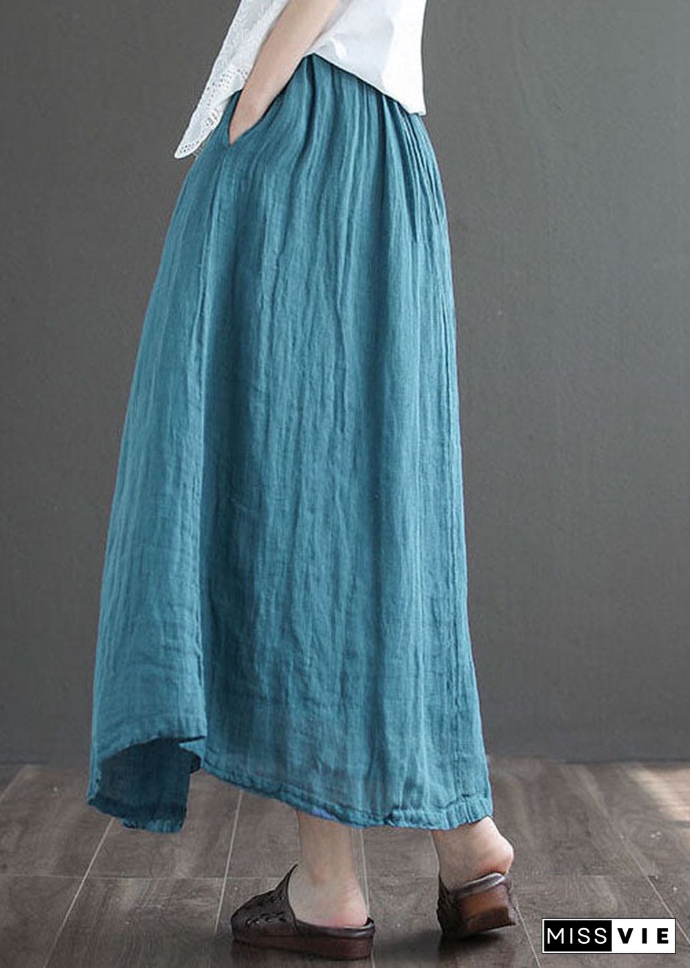 Simple Dark Blue Elastic Waist Double-deck Linen Skirts Summer