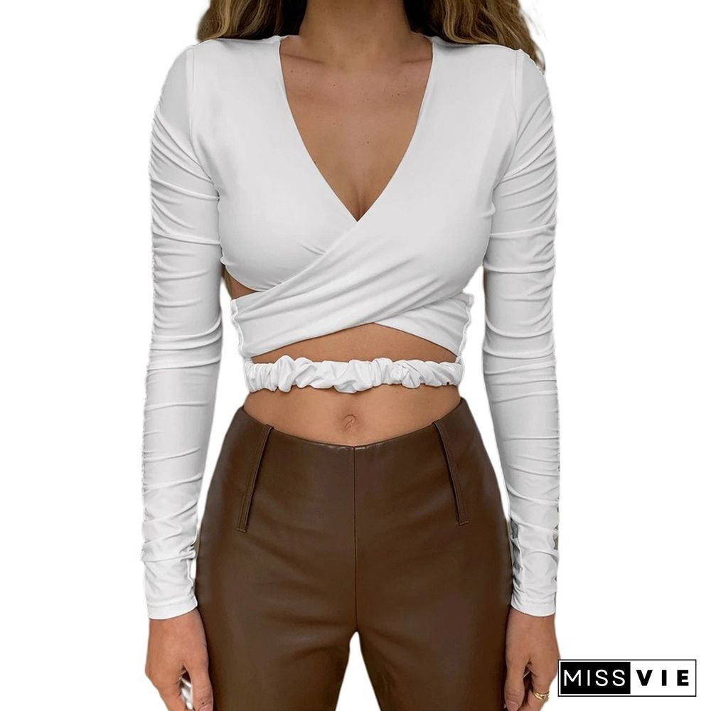 Women's Cross Wrap Crop Tops Ruched Long Sleeve Deep V Neck Cut Out Slim Fit T-Shirts Tunic Top Elastic Waist Tee Shirt