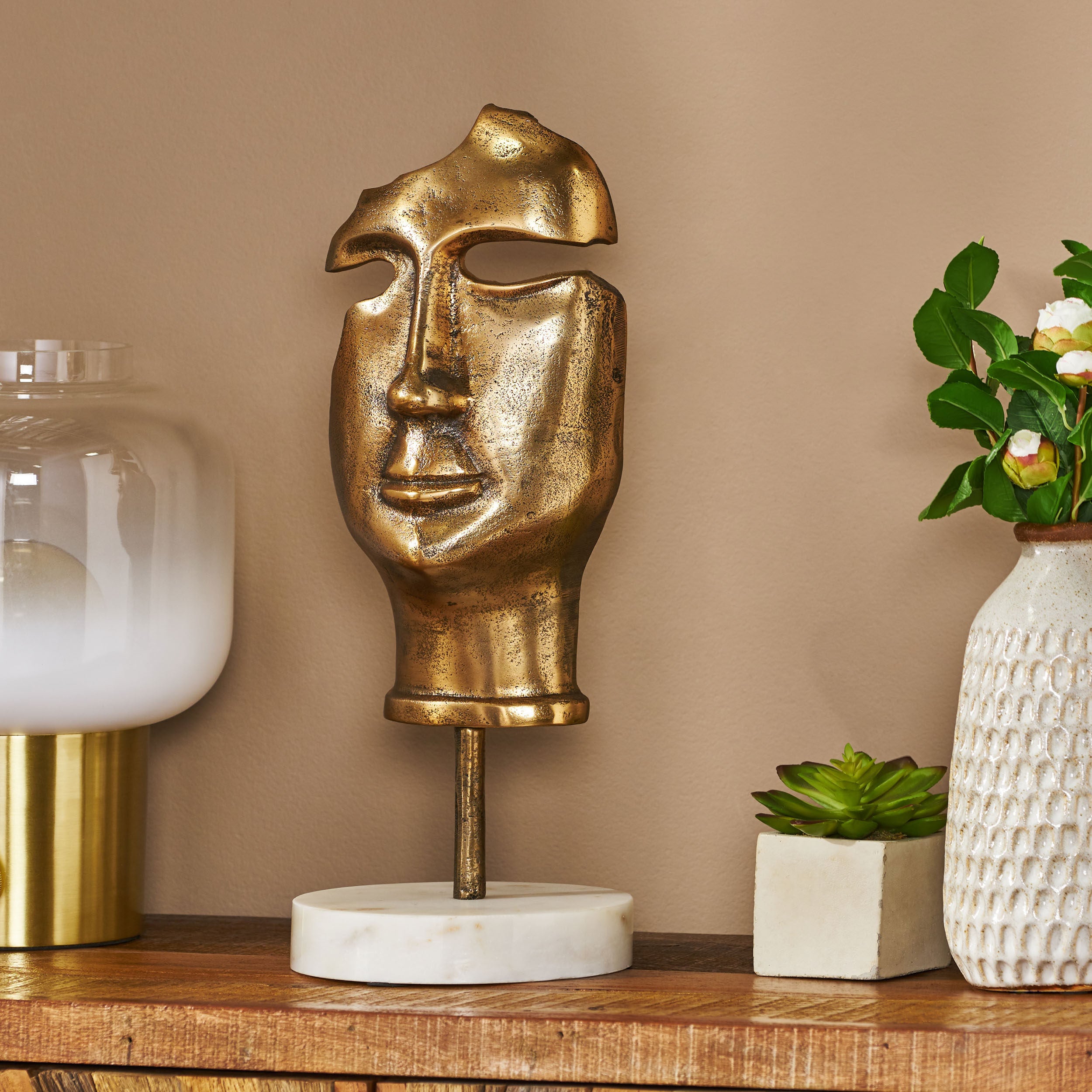 Cleves Handcrafted Aluminum Abstract Face Decor with Stand, Antique Brass and White