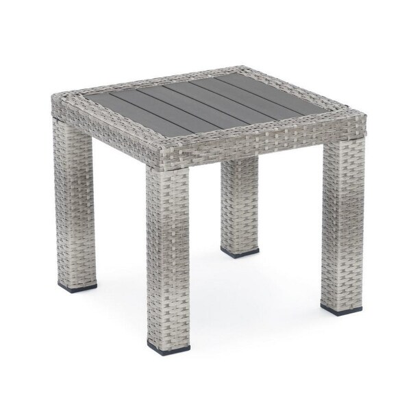 Max 20 Inch Outdoor Side Table， Gray Faux Wood Frame， Woven Resin Wicker - 19 H x 20 W x 20 L Inches