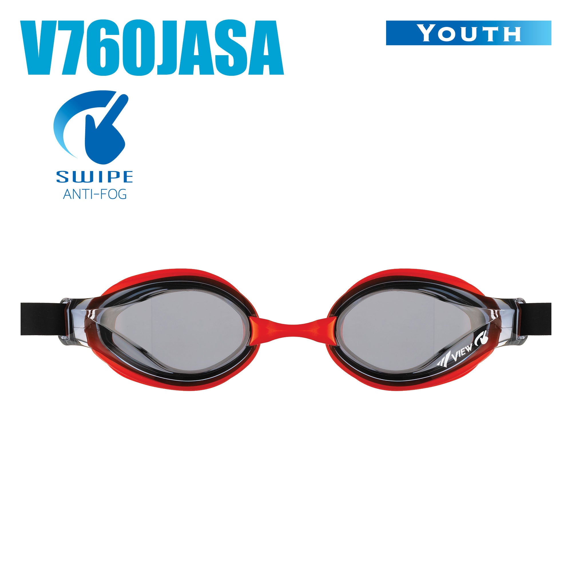 VIEW Swimming Gear V-760JASA SWIPE Junior Swim Goggles, Smoke/Red