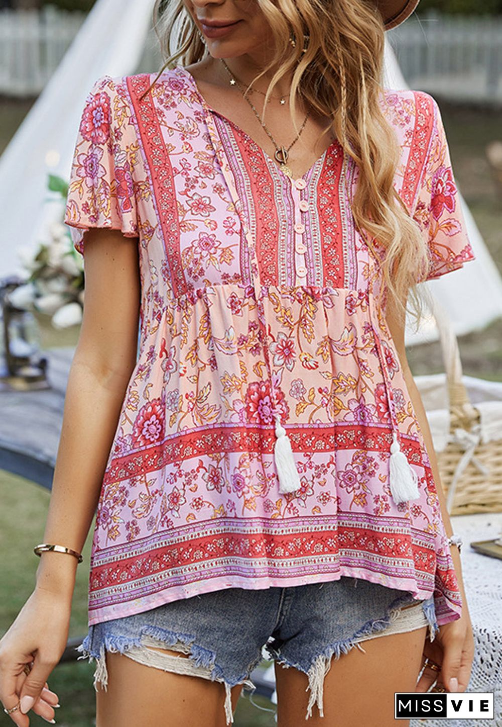 Tie V Neck Peplum Boho Blouse