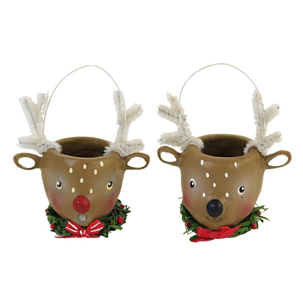 Christmas Reindeer Mini Buckets Two Figurines 3 Inches Use As Ornament Of Figurine Ml0425 Resin Brown