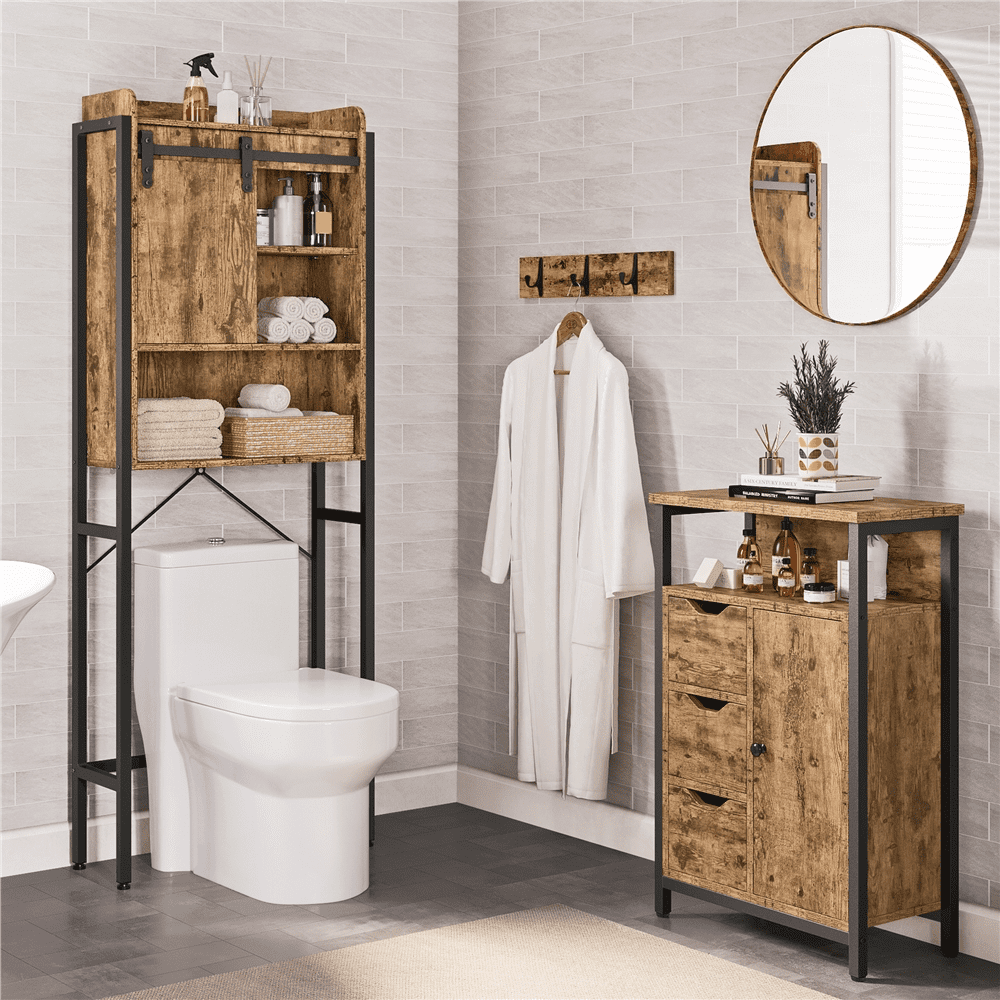 Yaheetech Industrial Style Over-The-Toilet Storage Cabinet with Cupboard and Open Shelves, Rustic Brown