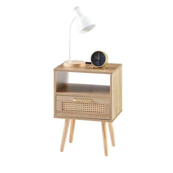 Rectangle MDF Rattan End Table Nightstand Side Table with Power Outlet and USB Ports - 15.75*11.81