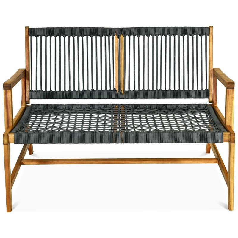 2-Person Acacia Wood Rope Bench Loveseat Chair, Outdoor Patio Garden Park Bench in Teak Oil Finish