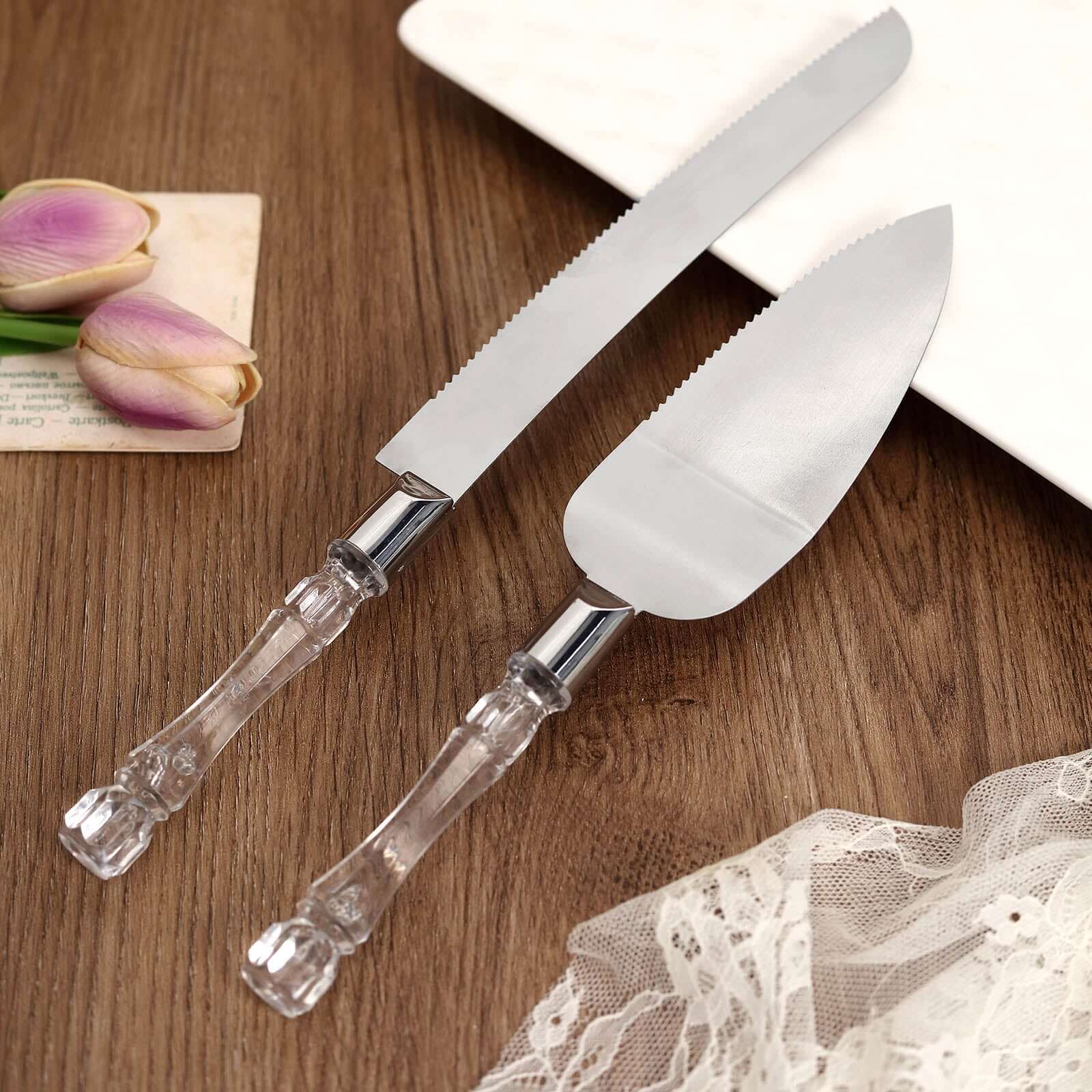 2 Set Stainless Steel Knife and Server Party Favors Set With Clear Acrylic Handle Free Gift Box 10