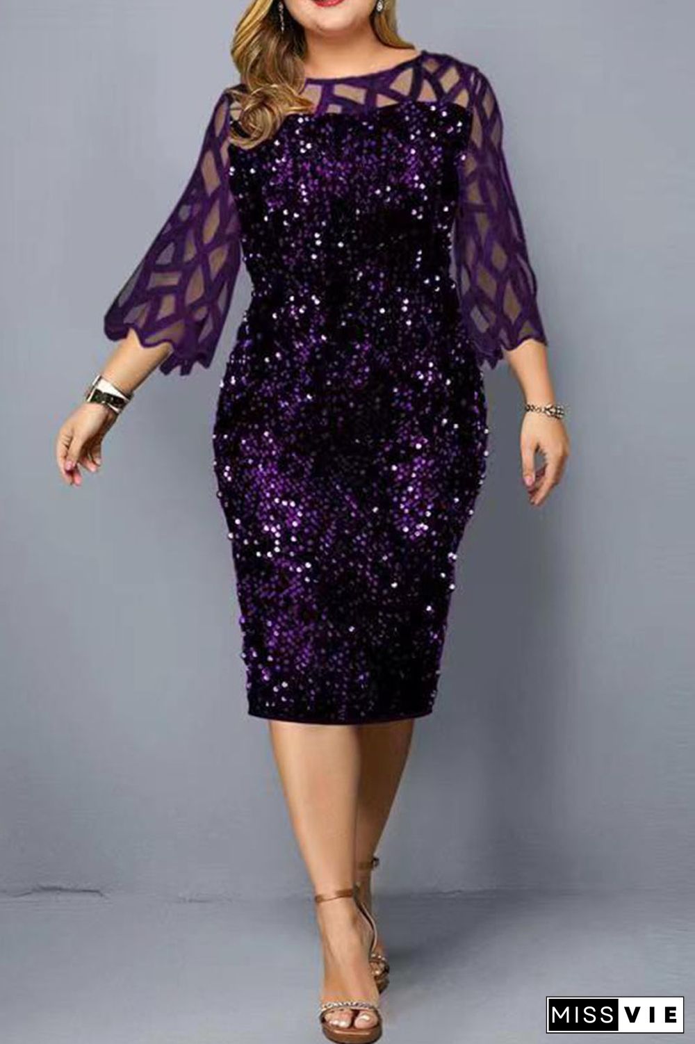 Tibetan Blue Elegant Solid Sequins Patchwork O Neck Straight Plus Size Dresses