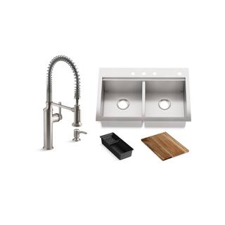 KOHLER Lyric Workstation 33 in. Dual Mount Stainless Steel Double Bowl Kitchen Sink with Sous Semi Pro Kitchen Faucet K-R10651-VSR23376