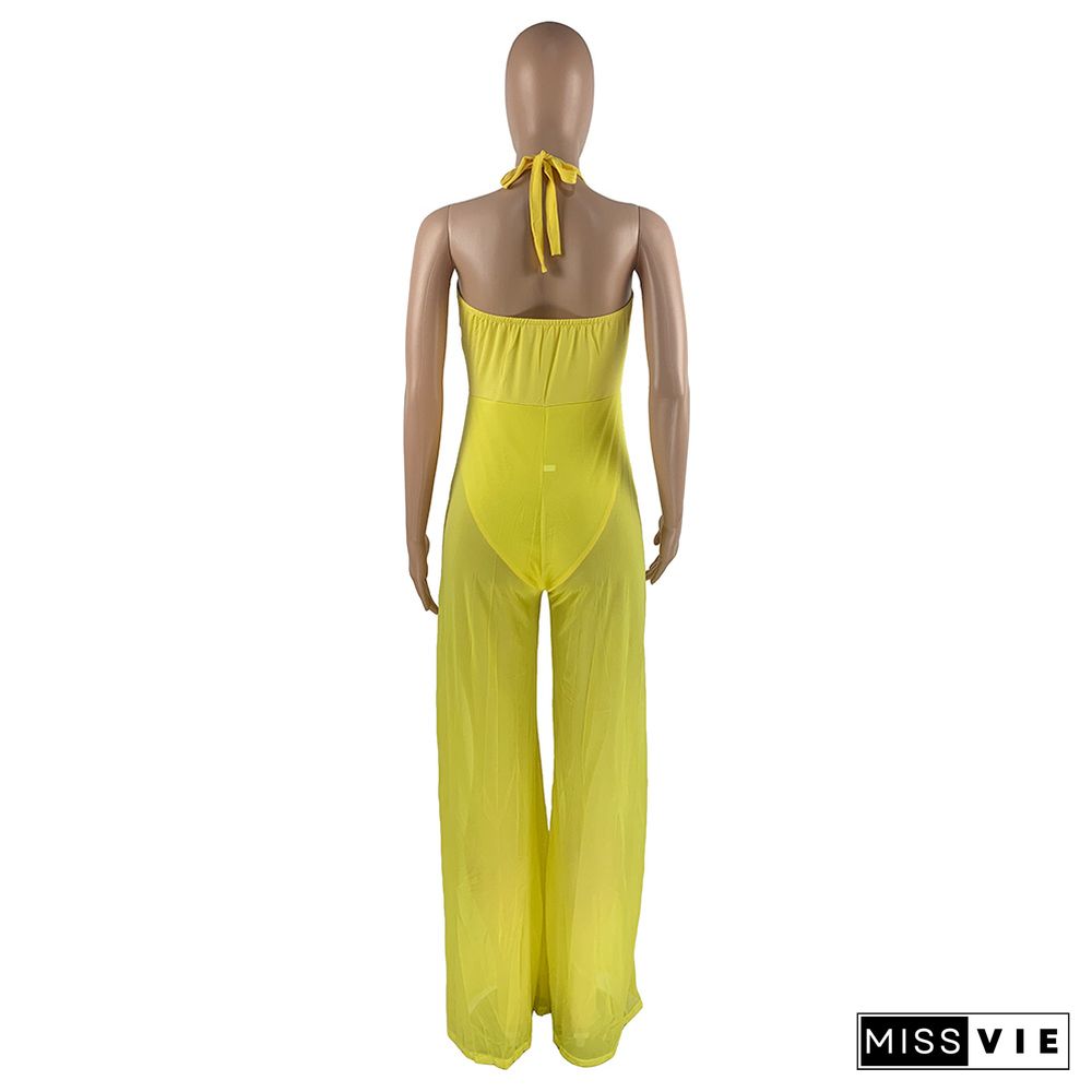 Mesh Sheer Patchwork Halter Neck Backless Jumpsuits