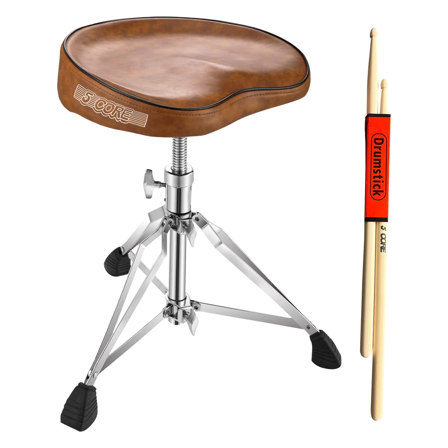 5 Core Drum Throne Saddle Brown| Heavy Duty Height Adjustable Padded Comfortable Drum Seat| Stools Chair  Style with Double Braced Anti-Slip Feet and Two Drumsticks for Adults Drummers- DS CH BR SDL HD