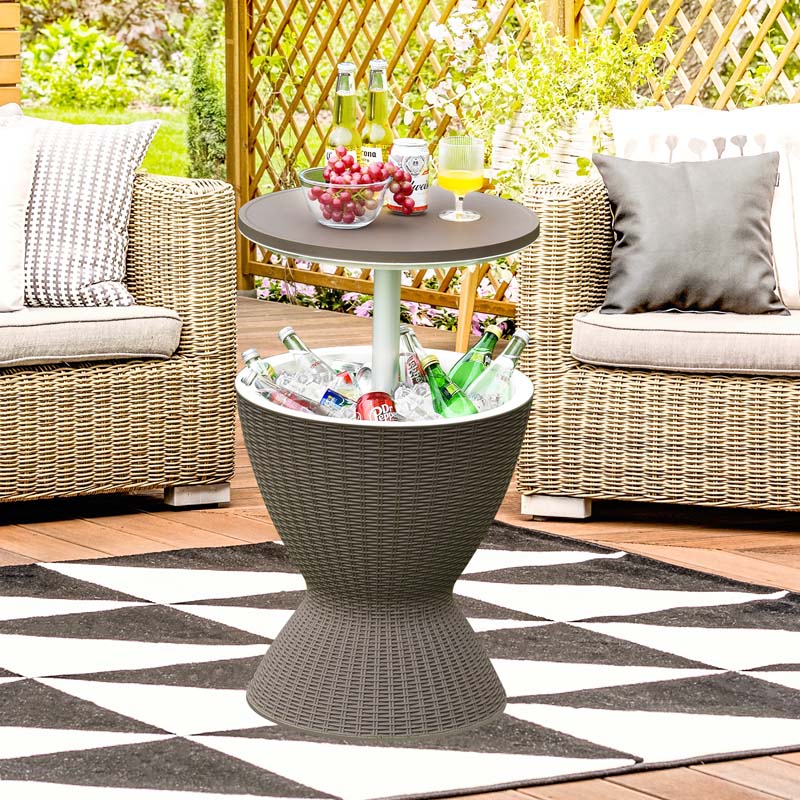 3-in-1 Rattan Outdoor Patio Bar Side Table with Ice Bucket, 8 Gallon Ice Cooler Wine Cocktail Table for Deck Pool Party