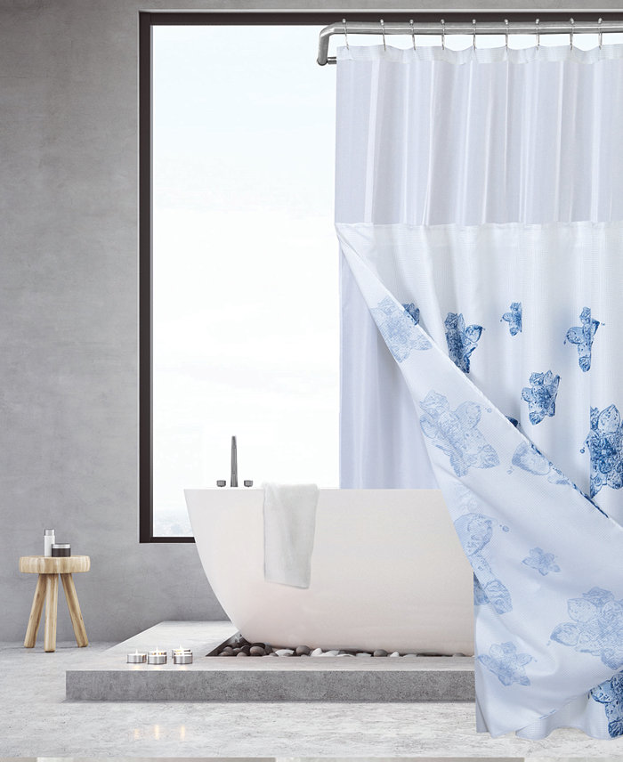 Spa 251 Water Floral Waffle Complete Shower Curtain With Detachable Liner