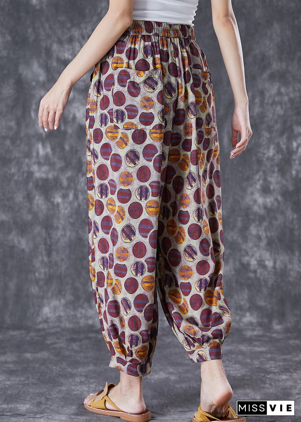 Purple Print Loose Linen Silk Harem Pants Elastic Waist Summer