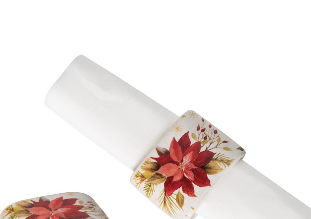 C amp f Home Red Poinsettia Christmas Decorative Napkin Ring Set Of 4