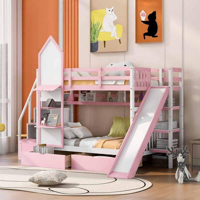 Castle Style Bunk Bed with Slide  Twin Over Twin/Full Over Full Bunk Bed with 2 Drawers and 3 Shelves  Storage Staircase