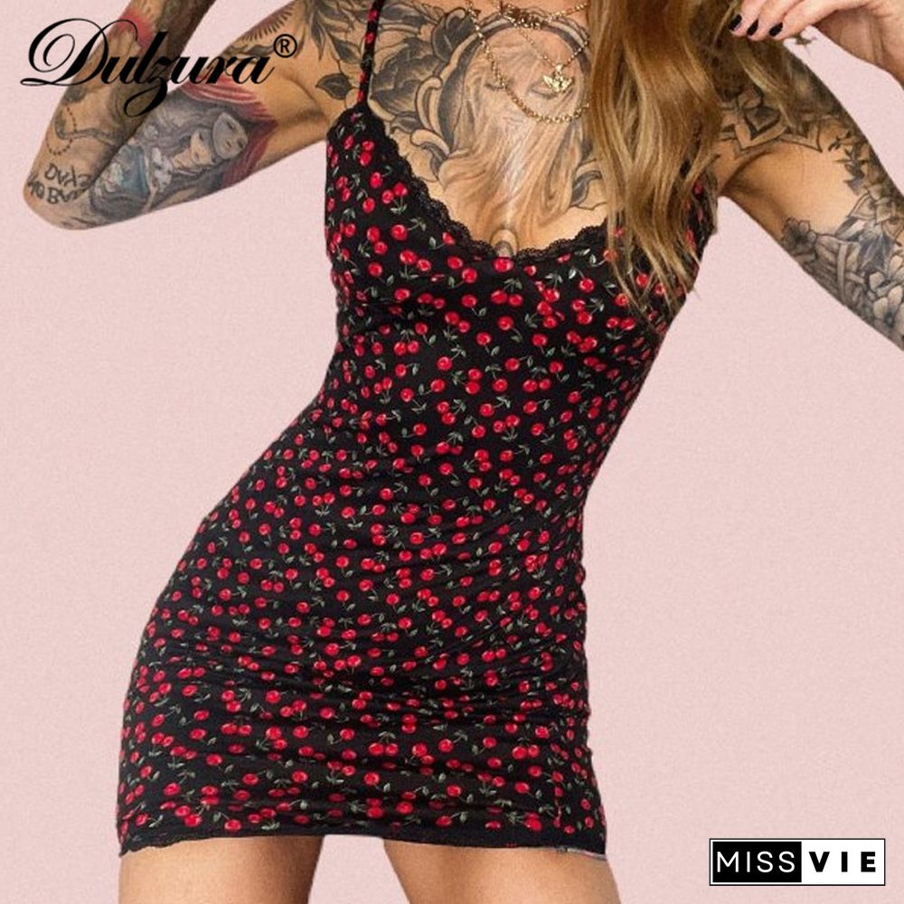 Dulzura Lace Patchwork Cherry Print Women Strap Mini Dress Bodycon Sexy Streetwear Party Club Elegant Cute Summer Sweet