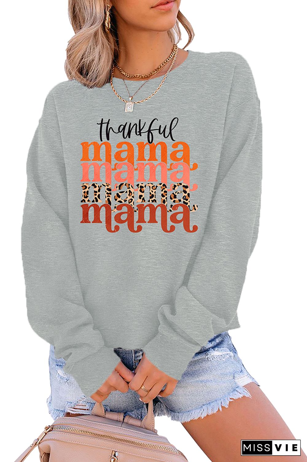 Thankful Mama Stacked Print O-neck Long Sleeve Sweatshirts Women Wholesale