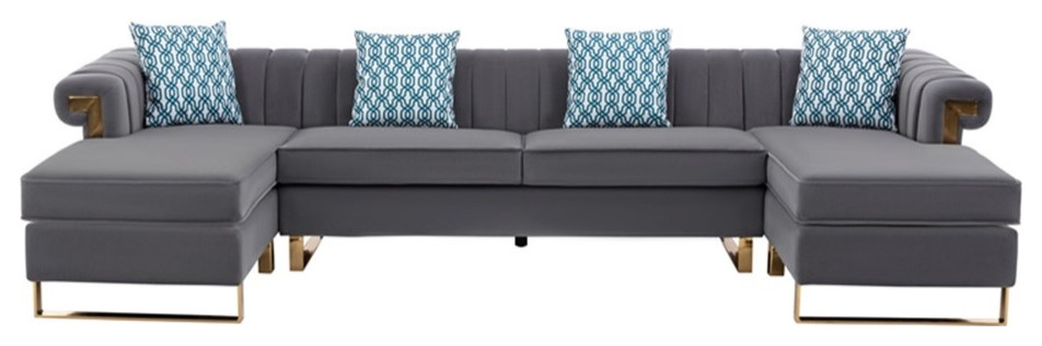 Maddie Gray Velvet 5 Seater Double Chaise Sectional Sofa Throw Pillows   Contemporary   Sectional Sofas   by Homesquare  Houzz