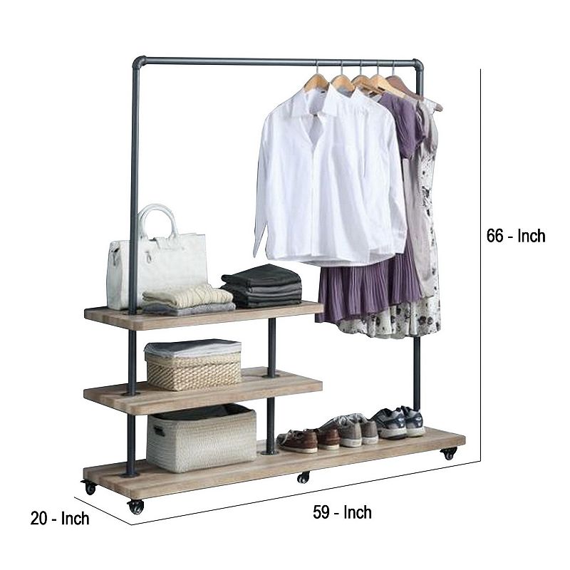 Hanger Rack with 3 Tier Storage and Tubular Frame， Brown and Black