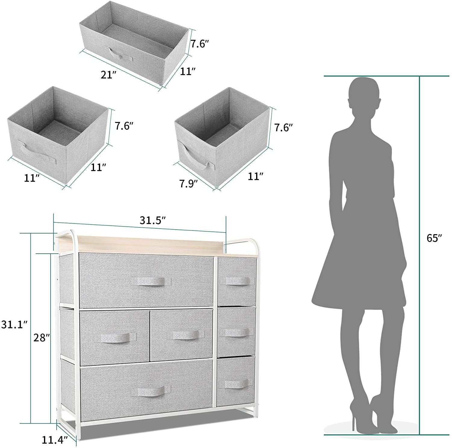 YITAHOME Fabric Storage Tower Dresser with 7 Drawers Organizer Unit For Bedroom Modern Light Gray