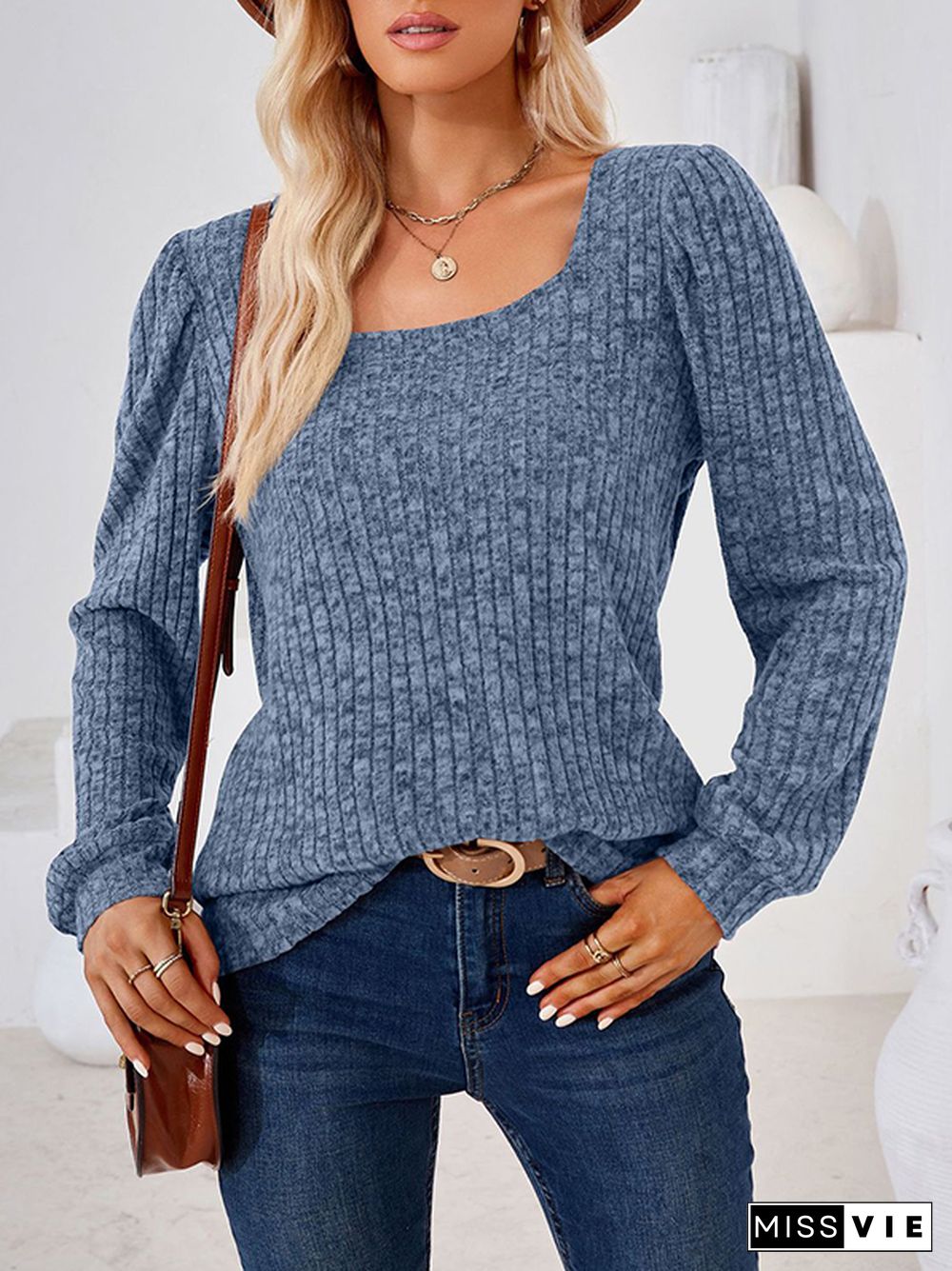 Long Sleeves Loose Solid Color Square-Neck T-Shirts Tops