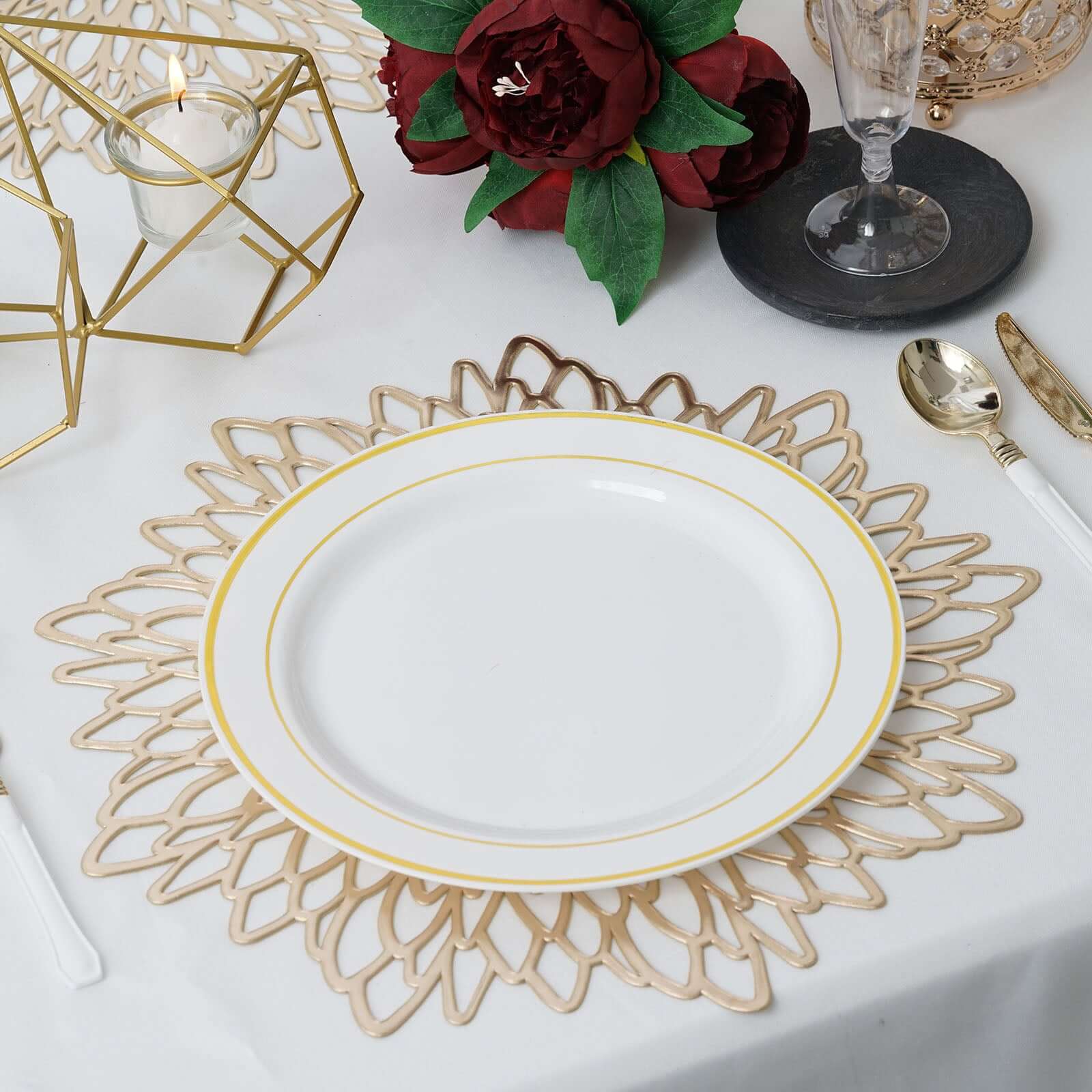 6 Pack Gold Decorative Floral Vinyl Placemats, Non-Slip Round Dining Table Mats 15