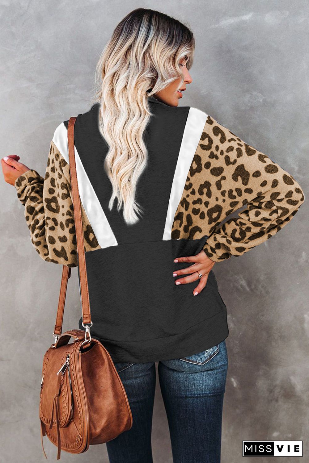 Black Pocketed Half Zip Leopard Pullover Sweatshirt