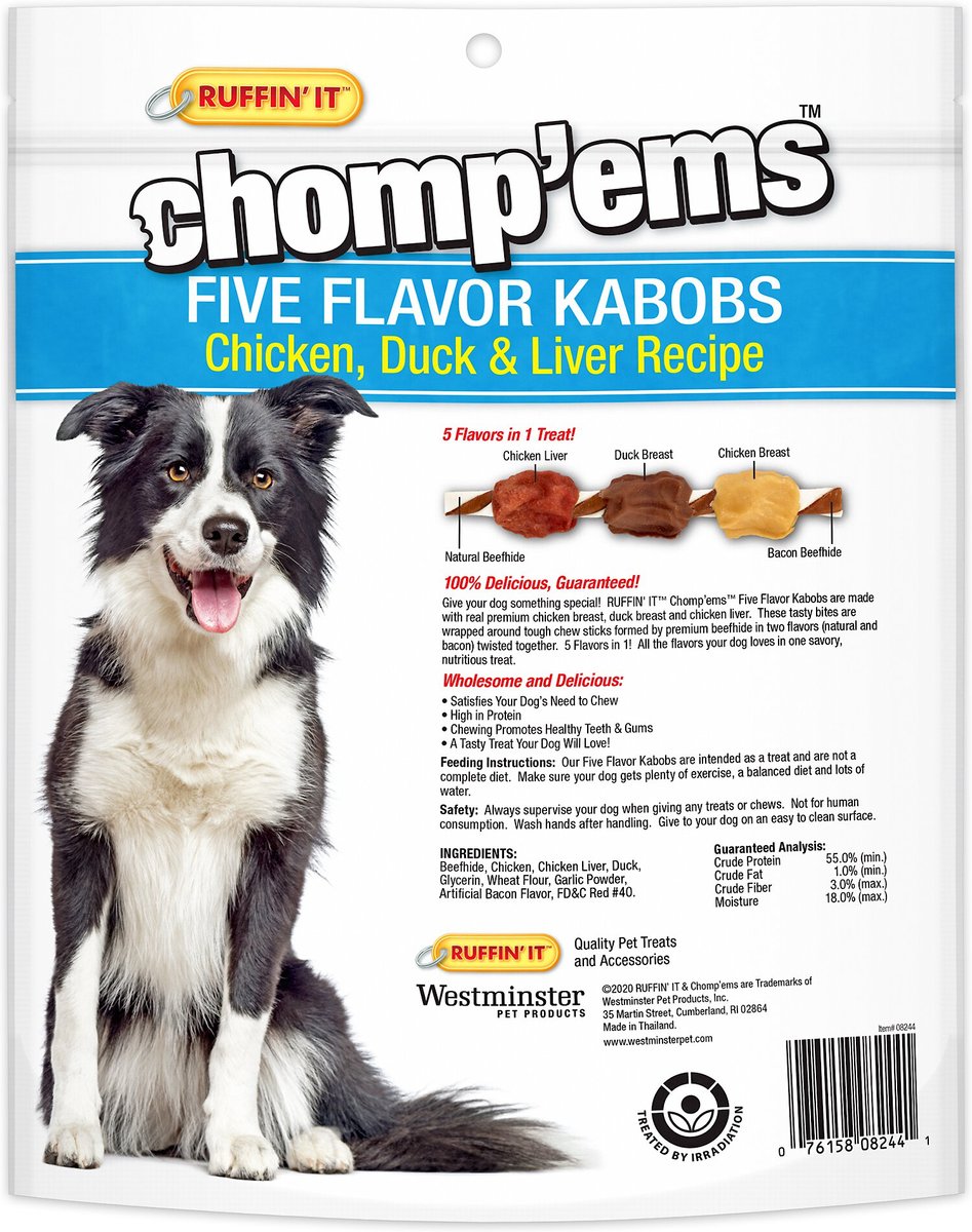 RUFFIN' IT Chomp'ems Five Flavor Kabobs Chicken， Duck and Liver Recipe Dog Treats， 24 count