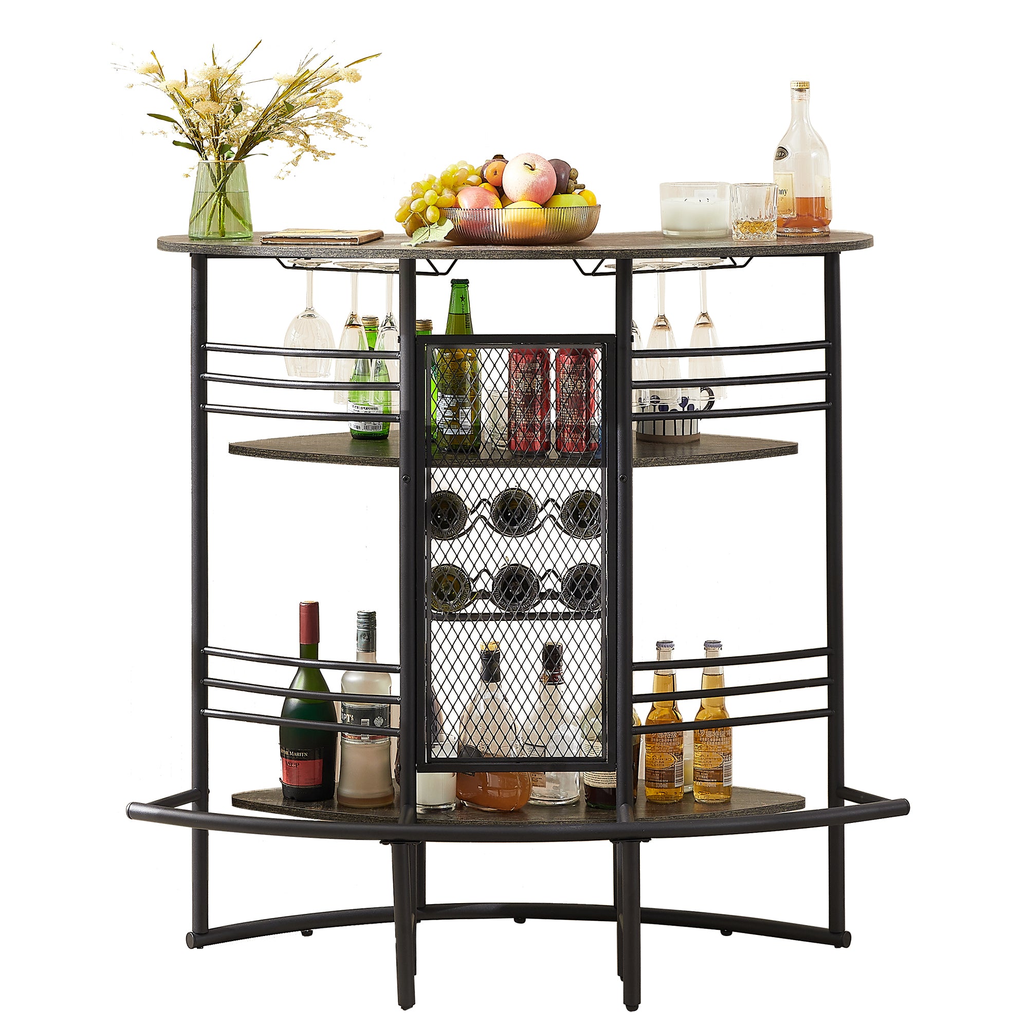 VECELO Oval Bar Table with Wood Counter Top and Wine Rack Storage， Wine Bakers Rack for Kitchen Dining Room， Brown