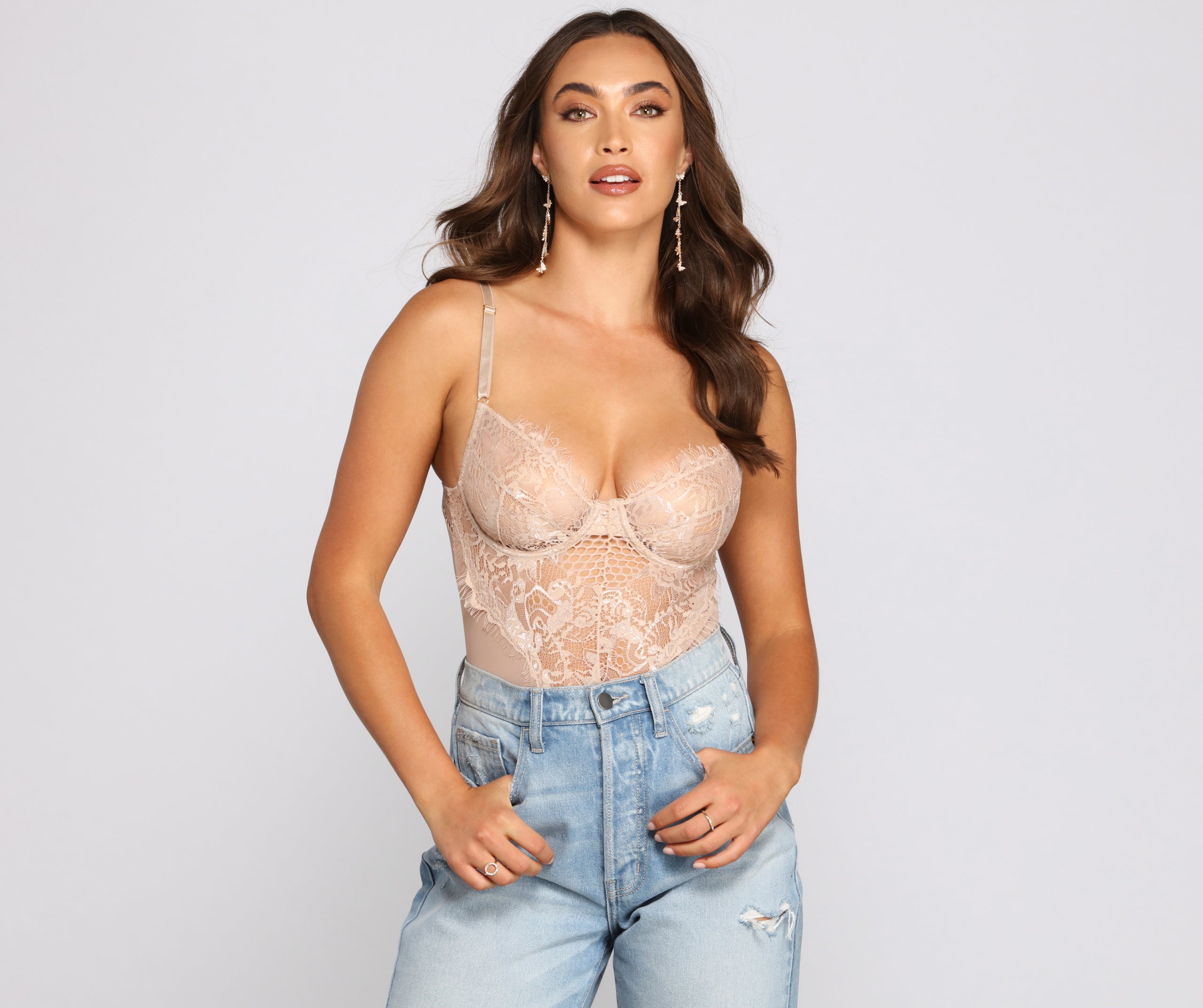 Sultry-Chic Eyelash Lace Bustier Bodysuit