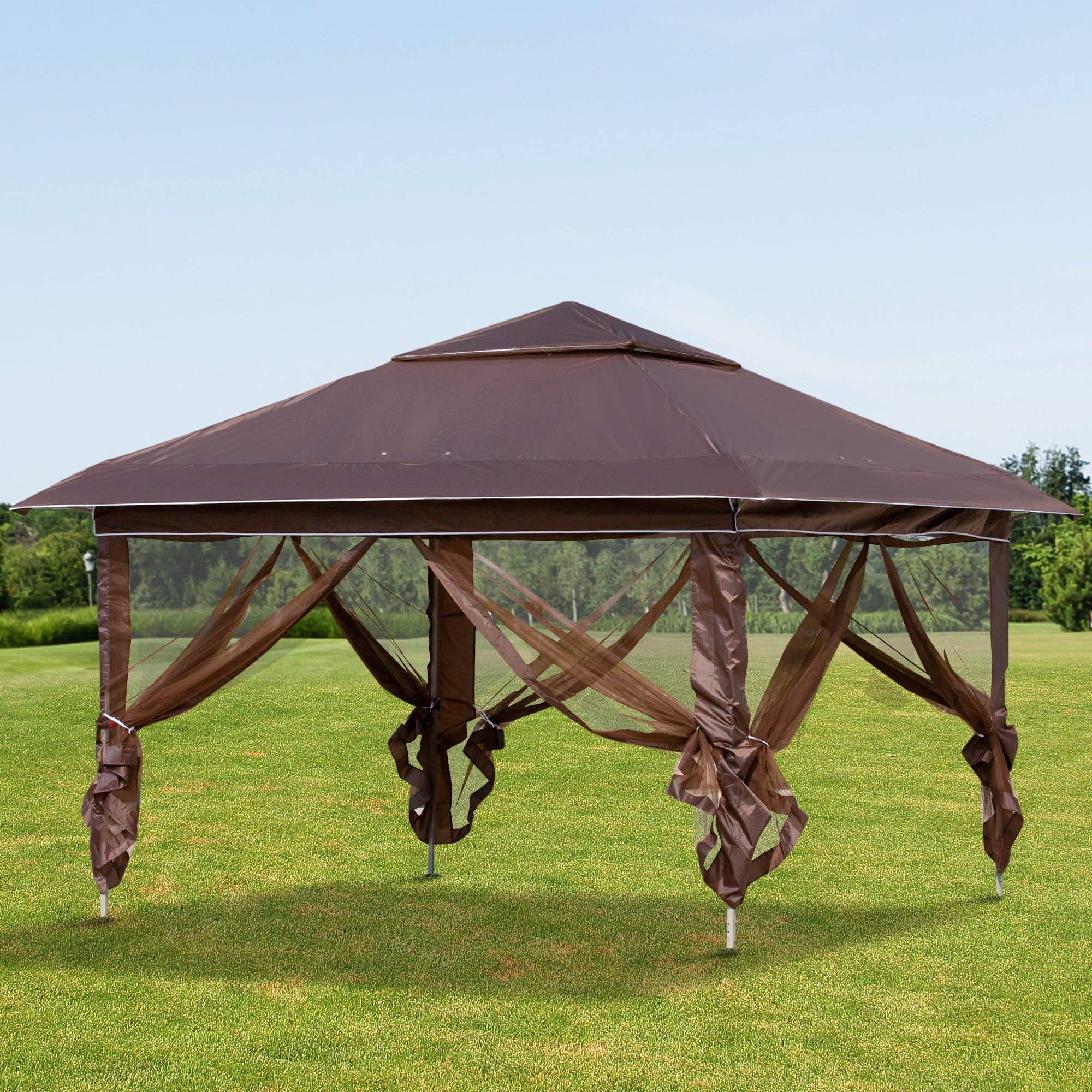 Outsunny 12' x 12' Pop Up Canopy Tent with Netting and Carry Bag, Instant Sun Shelter, Tents for Parties, Height Adjustable, for Outdoor, Garden, Patio, Brown