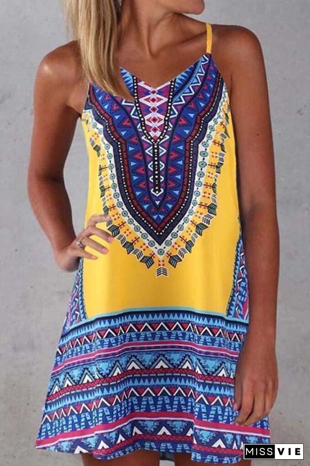 Tribal Print Spaghetti Strap Casual Wear Midi Dress