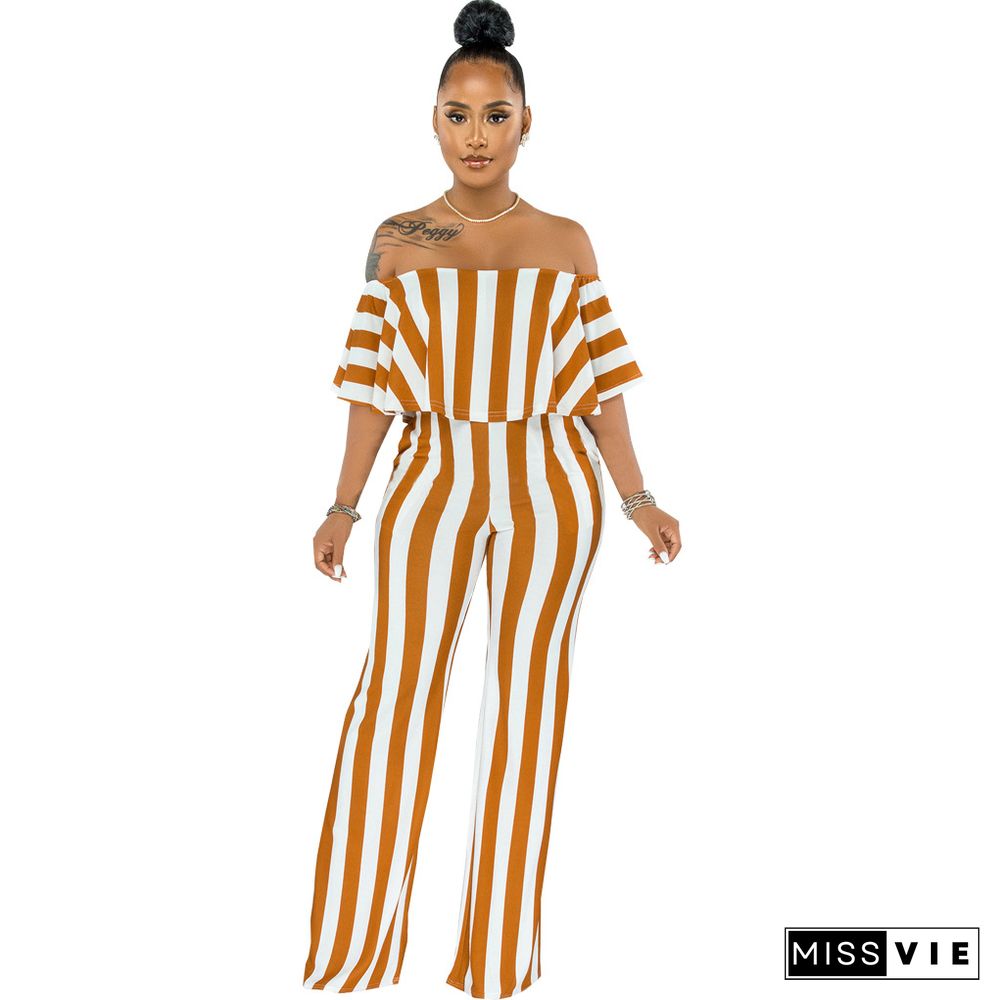 Striped Off Shoulder Wide Leg Jumpsuits