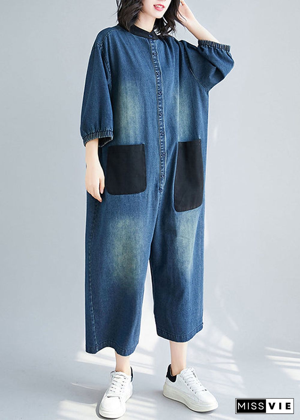 Style Blue Stand Collar Oversized Patchwork Pockets Denim Jumpsuits Summer