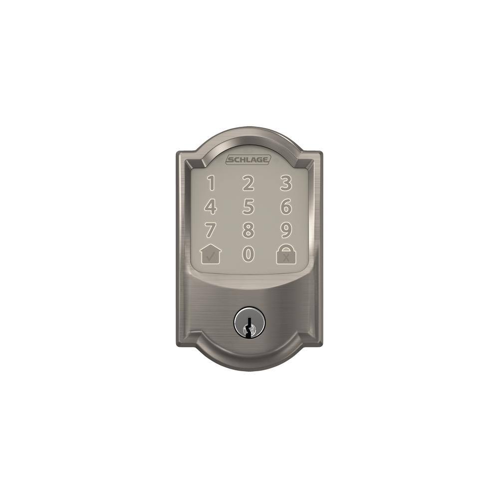 Schlage Camelot Satin Nickel Encode Smart Wi-Fi Deadbolt with Alarm and Camelot Handle Set with Accent Handle with Camelot Trim BE489WBCAM619FE285GCAM619ACCCAM