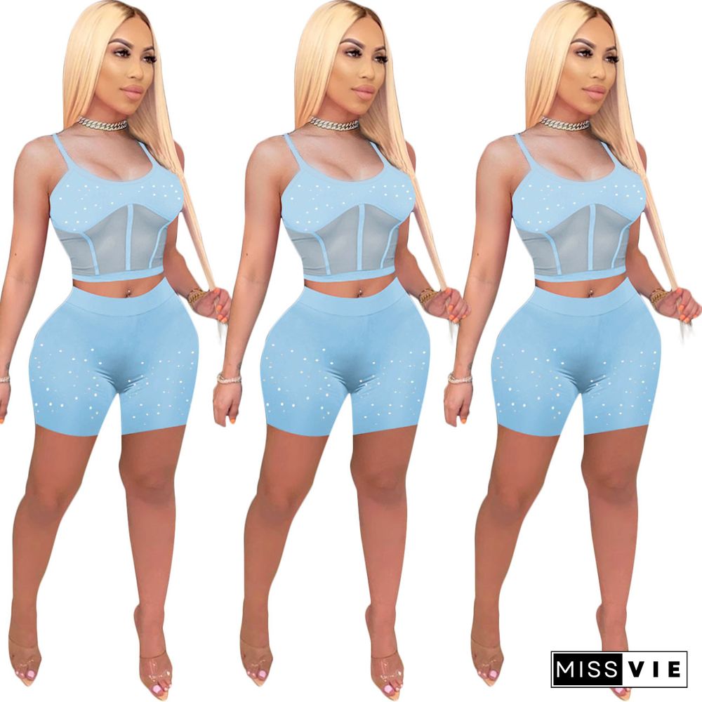 Summer Clothing Stitching Mesh Sheer Sleeveless Straps Crop Top Vest Shorts Streetwear Two Piece Set