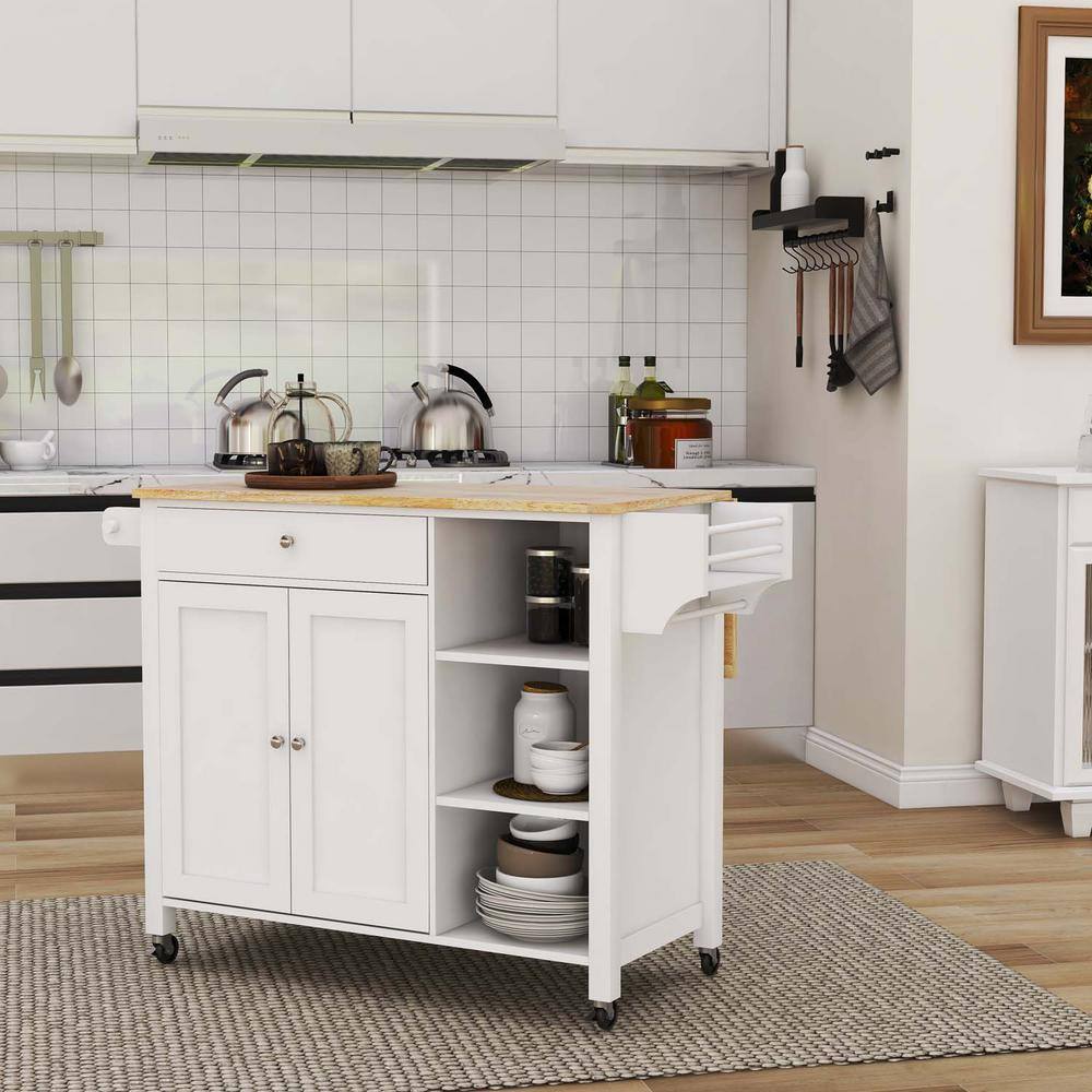 Double Door Kitchen Island White with Lockable Wheels Towel Rack Storage Drawer and 3-Open Shelves LN1228CA-K1