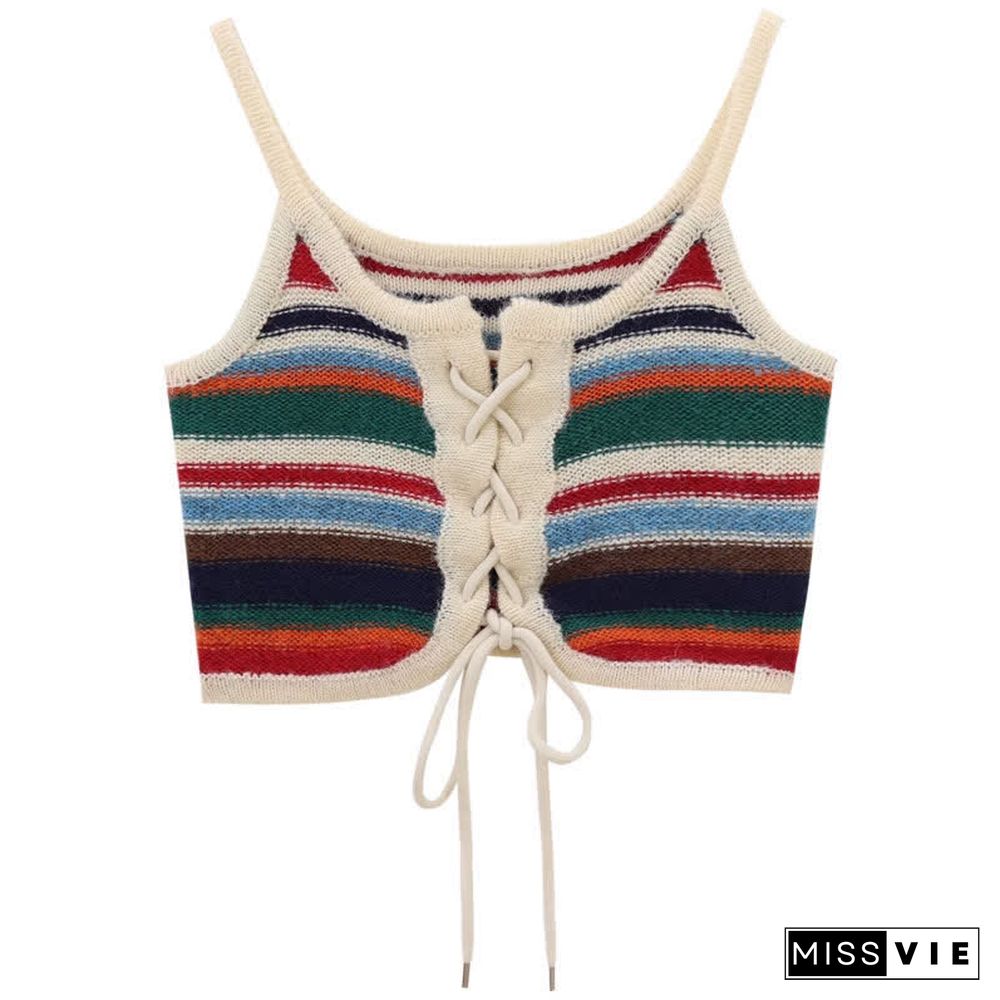 Colorblock Rainbow Stripe Print Lace Up Cami Crop Top