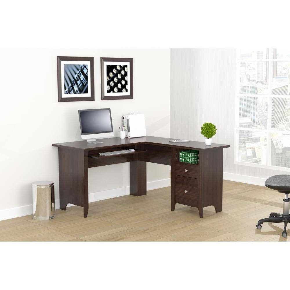 Inval 53.1 in. Espresso Wengue L-Shaped 2 -Drawer Computer Desk with Keyboard Tray ET-3815