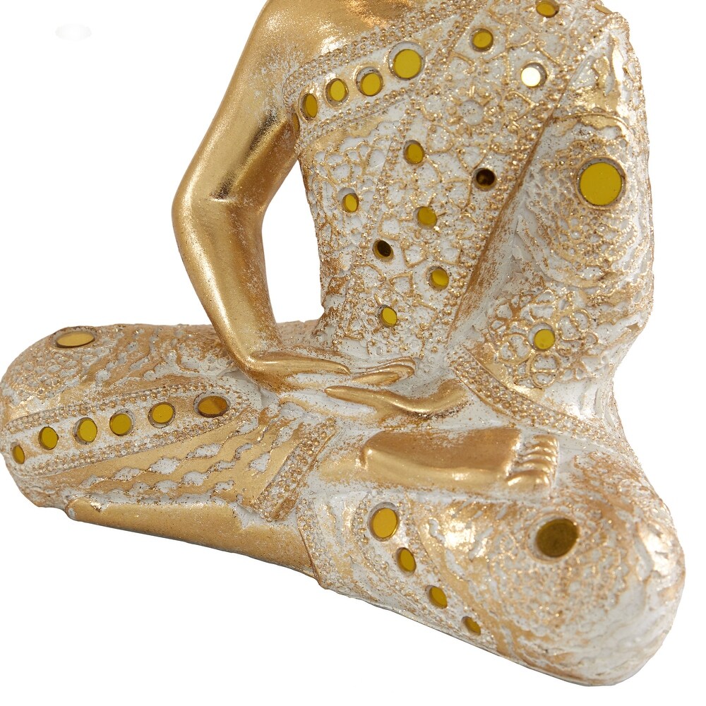 Gold Polystone Meditating Buddha Sculpture with Engraved Carvings and Relief Detailing (Set of 2)   8 x 5 x 10 and 8 x 4 x 11
