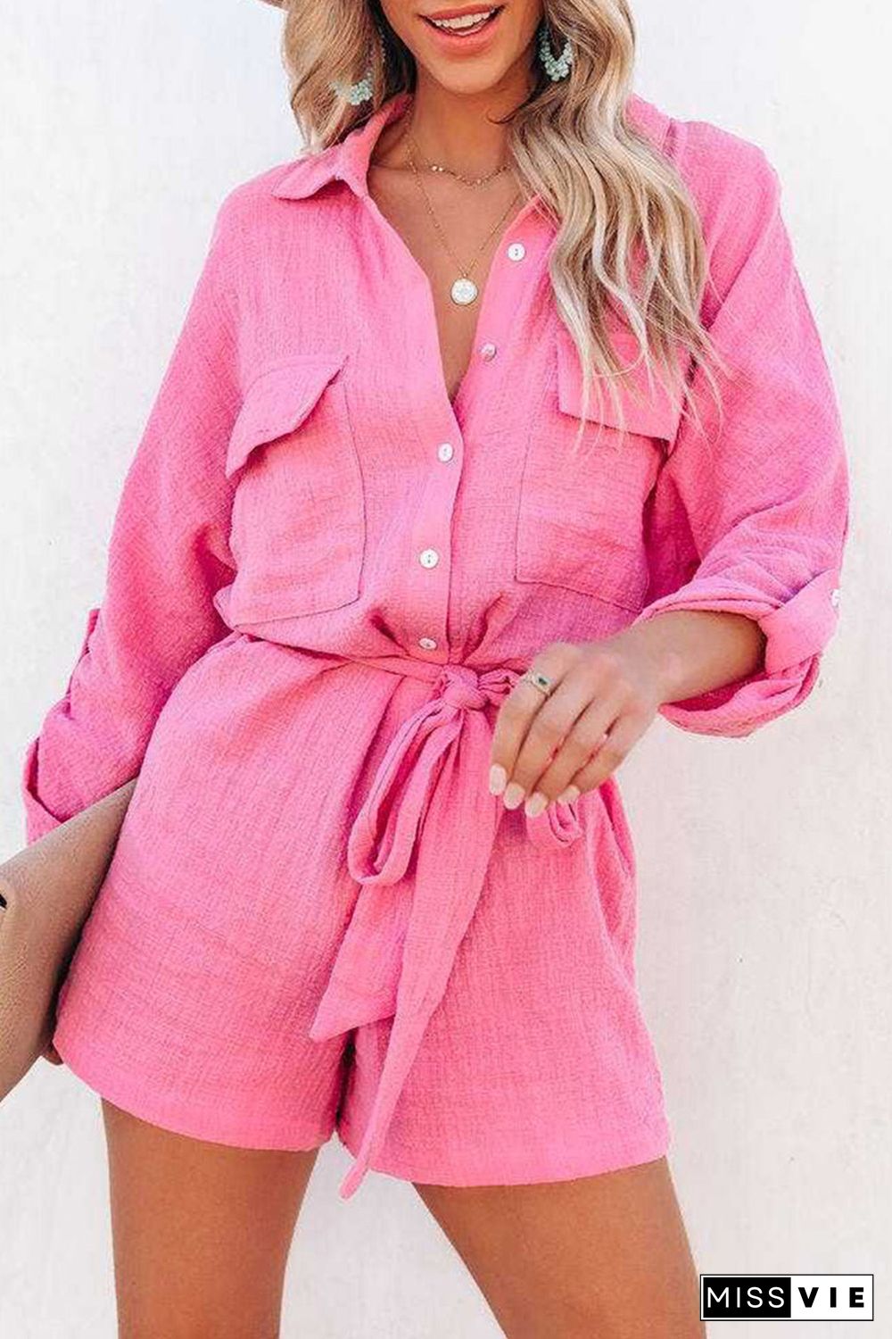 Rose Roll Tab Sleeve Button Shirt Style Belted Romper