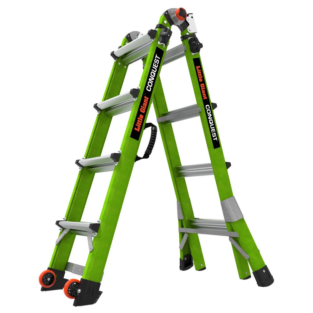 Conquest 2.0, Model 17 - ANSI Type 1A - 300 lb Rated - Fiberglass Articulated Extendable Ladder with Accessory Ports, Carry Handle, V-Bar and Tip & Glide Wheels