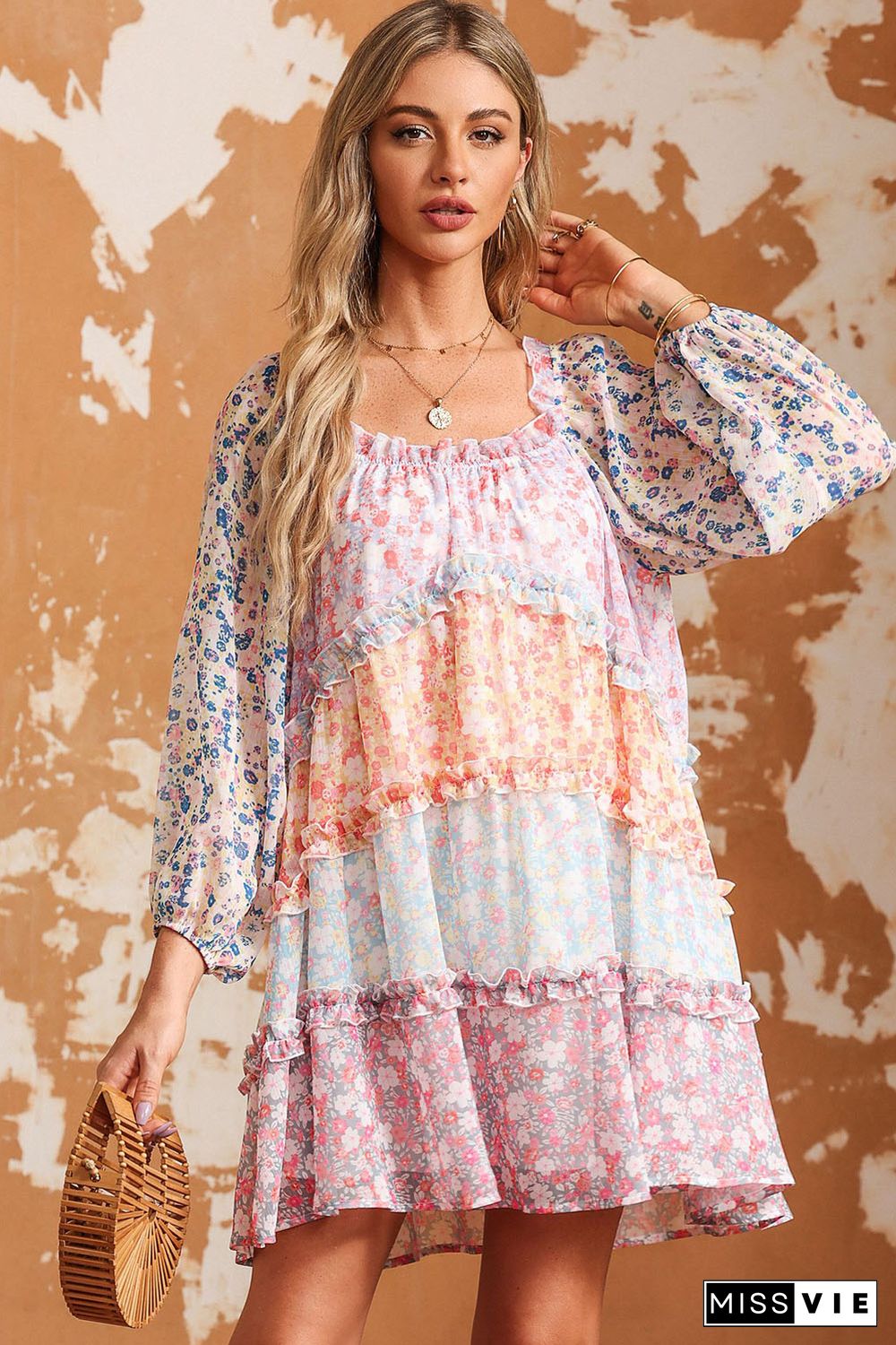 Sky Blue Floral Colorblock Tiered Puff Sleeve Dress