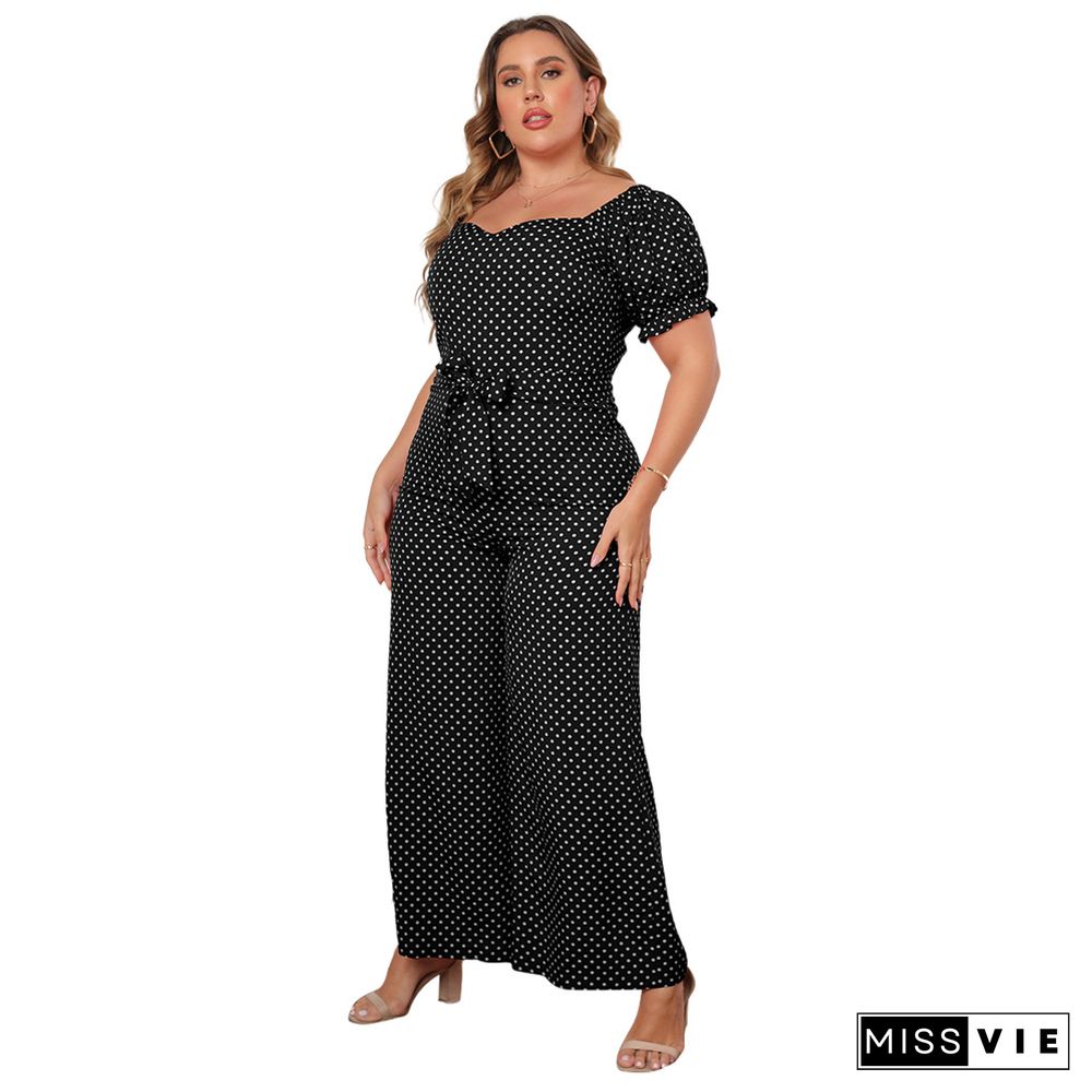 Dot Print Short Sleeve Slash Neck Wide Leg Jumpsuit